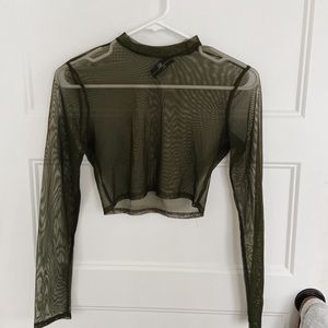 Tobi Olive Green Mesh Long Sleeve Top